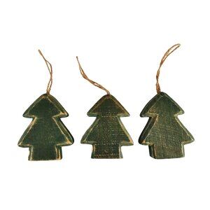 Set Of 3 Rustic Farmhouse Green Wooden Christmas Tree Ornaments W/Twine Hangers